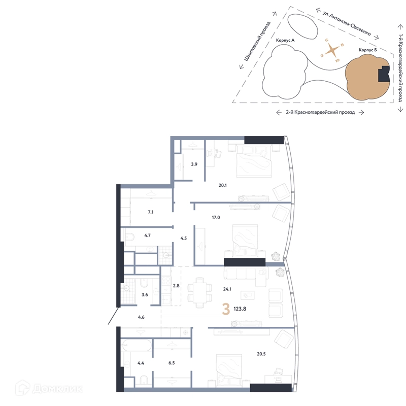 3-комнатная квартира 123.8 м² АУРУС Резиденции