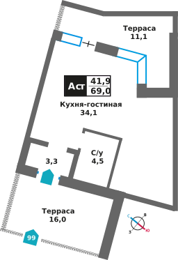 1-комнатная квартира 69 м² Отрада на реке