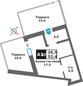 1-комнатная квартира 52.4 м² Отрада на реке