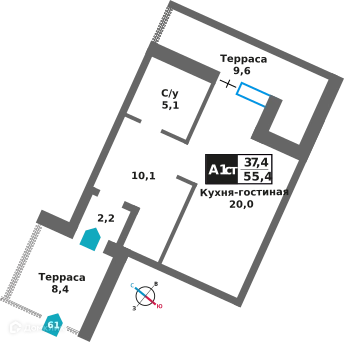 1-комнатная квартира 55.4 м² Отрада на реке