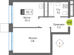 1-комнатная квартира 32.7 м² Сити квартал Отрада