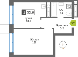 1-комнатная квартира 32.6 м² Сити квартал Отрада
