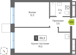 1-комнатная квартира 39.2 м² Сити квартал Отрада