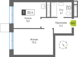 1-комнатная квартира 32.4 м² Сити квартал Отрада