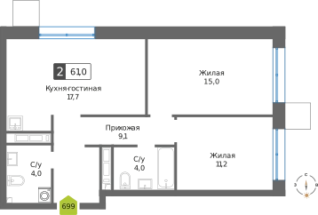 2-комнатная квартира 61 м² Сити квартал Отрада