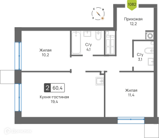 2-комнатная квартира 60.4 м² Сити квартал Отрада