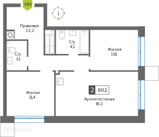 2-комнатная квартира 60.1 м² Сити квартал Отрада