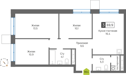 3-комнатная квартира 69.9 м² Сити квартал Отрада