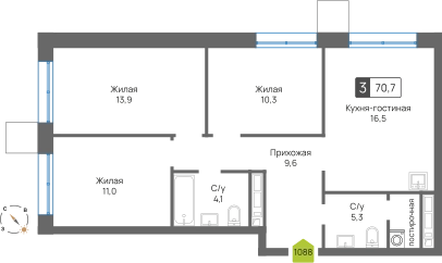 3-комнатная квартира 70.7 м² Сити квартал Отрада