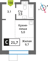 Студия 21.7 м² Никольский квартал Отрада