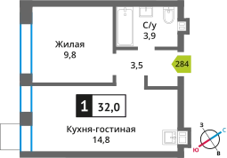 1-комнатная квартира 32 м² Никольский квартал Отрада