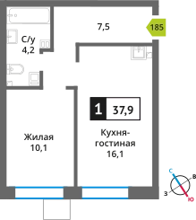 1-комнатная квартира 37.9 м² Никольский квартал Отрада