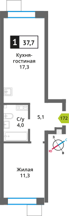 1-комнатная квартира 37.7 м² Никольский квартал Отрада