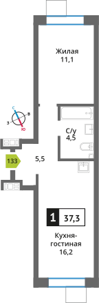 1-комнатная квартира 37.3 м² Никольский квартал Отрада
