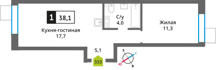 1-комнатная квартира 38.1 м² Никольский квартал Отрада