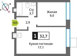 1-комнатная квартира 32.7 м² Никольский квартал Отрада