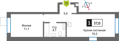 1-комнатная квартира 37 м² Никольский квартал Отрада