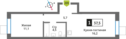 1-комнатная квартира 37.5 м² Никольский квартал Отрада