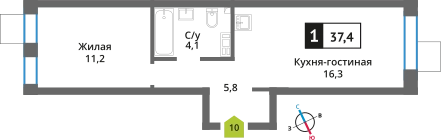 1-комнатная квартира 37.4 м² Никольский квартал Отрада