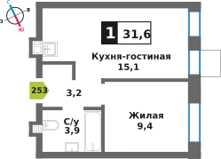 1-комнатная квартира 31.6 м² Никольский квартал Отрада