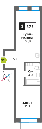 1-комнатная квартира 37.8 м² Никольский квартал Отрада