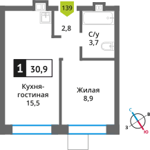 1-комнатная квартира 30.9 м² Никольский квартал Отрада