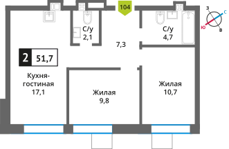 2-комнатная квартира 51.7 м² Никольский квартал Отрада