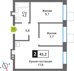 2-комнатная квартира 45.2 м² Никольский квартал Отрада