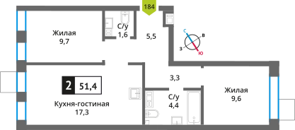 2-комнатная квартира 51.4 м² Никольский квартал Отрада