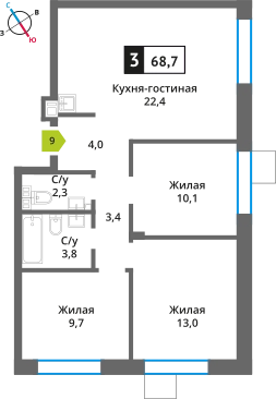 3-комнатная квартира 68.7 м² Никольский квартал Отрада