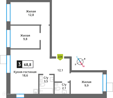 3-комнатная квартира 68.8 м² Никольский квартал Отрада