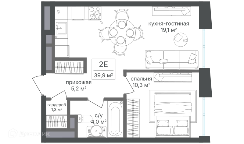 1-комнатная квартира 39.8 м² Семеновский парк 2