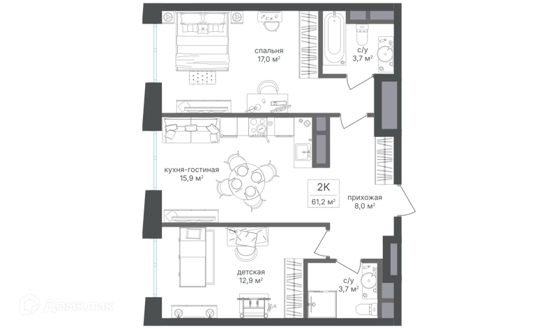 2-комнатная квартира 60.6 м² Семеновский парк 2