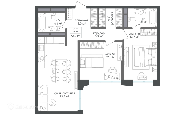 2-комнатная квартира 73.2 м² Семеновский парк 2