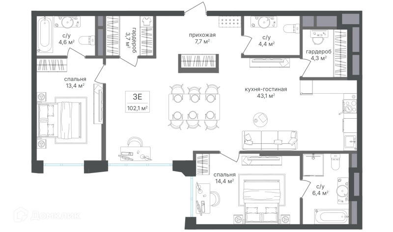 2-комнатная квартира 102.6 м² Семеновский парк 2