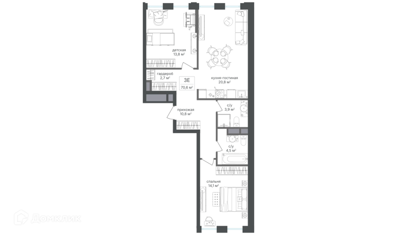 2-комнатная квартира 70.9 м² Семеновский парк 2