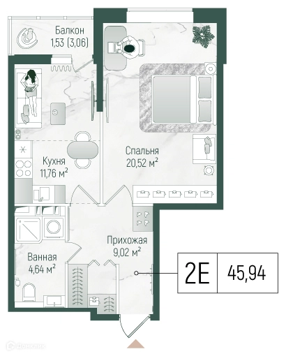 1-комнатная квартира 44.7 м² Рига Хиллс