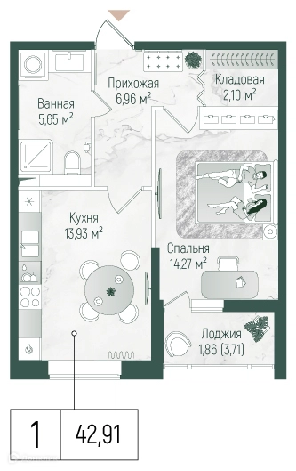 1-комнатная квартира 44.77 м² Рига Хиллс