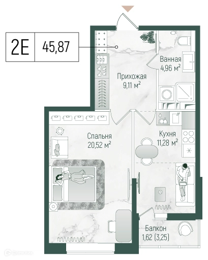 1-комнатная квартира 47.1 м² Рига Хиллс