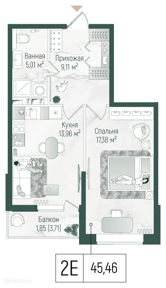 1-комнатная квартира 47.31 м² Рига Хиллс