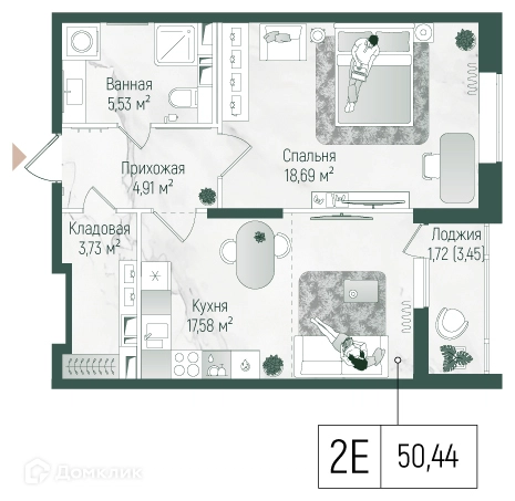 1-комнатная квартира 52.17 м² Рига Хиллс