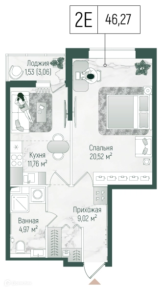 1-комнатная квартира 47.8 м² Рига Хиллс