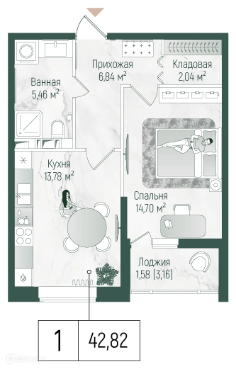 1-комнатная квартира 44.4 м² Рига Хиллс