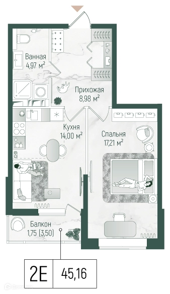 1-комнатная квартира 46.91 м² Рига Хиллс