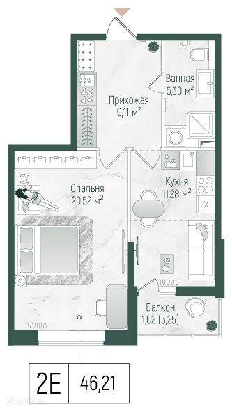 1-комнатная квартира 47.84 м² Рига Хиллс
