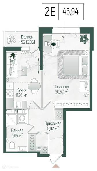 1-комнатная квартира 47.47 м² Рига Хиллс