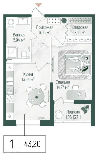1-комнатная квартира 45.06 м² Рига Хиллс