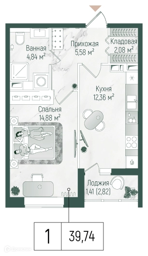1-комнатная квартира 41.15 м² Рига Хиллс