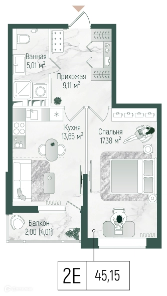 1-комнатная квартира 47.16 м² Рига Хиллс