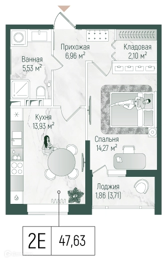 1-комнатная квартира 44.6 м² Рига Хиллс